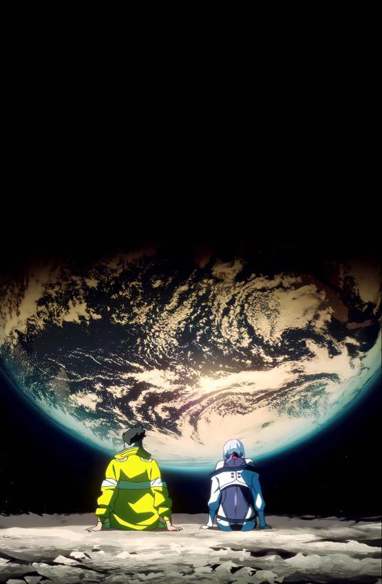 David and Lucy are seated beside each other on the Moon and looking at the Earth
